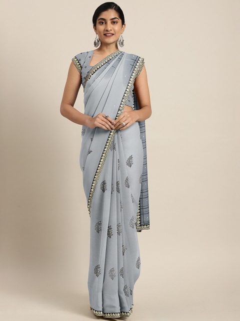 

Triveni Grey & Black Pure Georgette Floral Printed Saree with Sequinned Detail