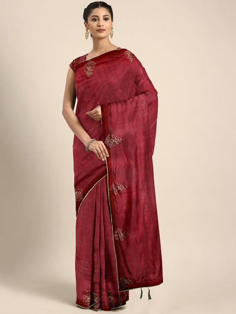 

Triveni Maroon & Beige Woven Design Chanderi Saree