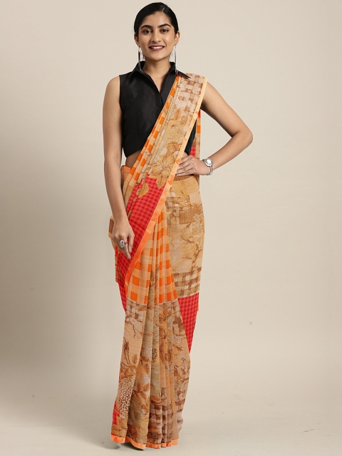 

Triveni Beige & Orange Pure Chiffon Floral Print Saree