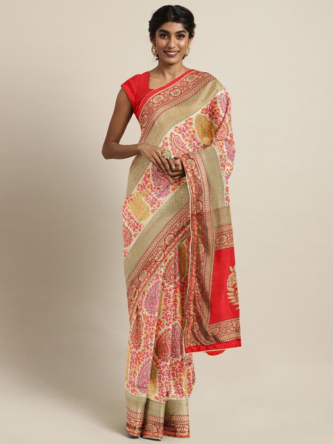 

Triveni Beige & Pink Printed Chanderi Saree