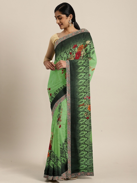 

Triveni Green & Orange Pure Georgette Floral Print Saree