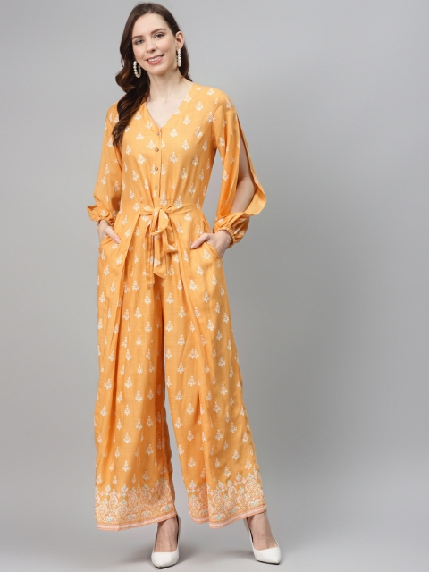 

Global Desi Women Mustard Yellow & White Printed Basic Jumpsuit With Waist Tie-Ups