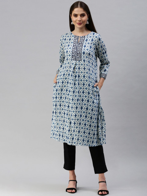 

Global Desi Women Blue & White Ethnic Motifs Printed Kurta
