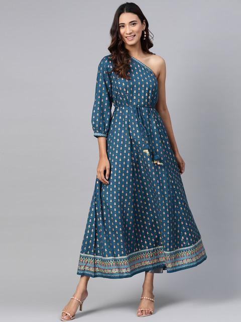 

Global Desi Women Blue & Pink Ethnic Print One-Shoulder Pure Cotton Maxi Dress & Belt