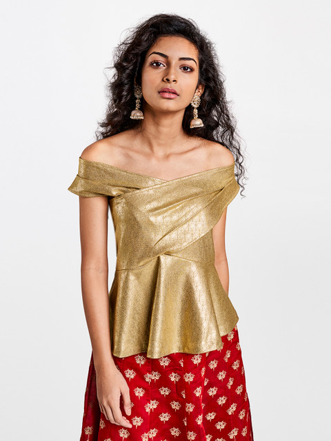 

Global Desi Women Golden Printed Off-Shoulder Bardot Top, Gold