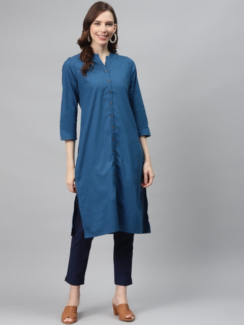 

Global Desi Women Navy Blue Solid Pure Cotton Straight Kurta