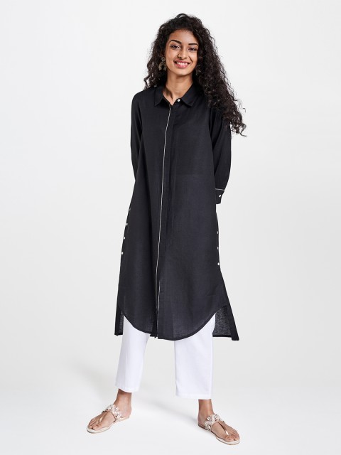 

Global Desi Women Black Sustainable Eco Vero Solid A-Line High-Low Kurta