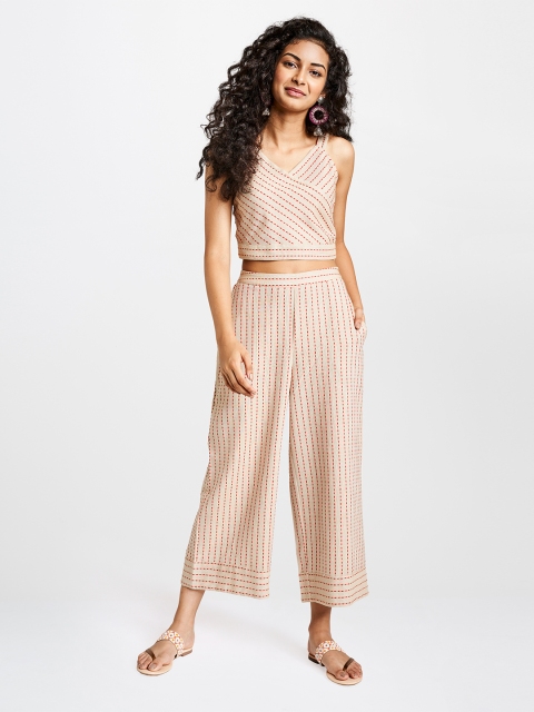 

Global Desi Women Beige & Red Striped Pure Cotton Two-Piece