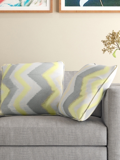 

MASPAR Grey & Yellow Ikat Embroidered Set of 2 17" x 17" Square Cushion Covers