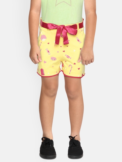 

Sweet Dreams Girls Yellow & Pink Pure Cotton Conversational Print Lounge Shorts With Belt