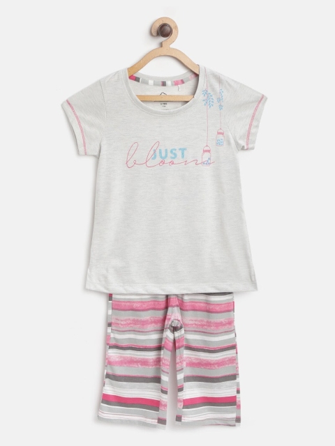 

Sweet Dreams Girls Grey Melange & Pink Printed Night suit