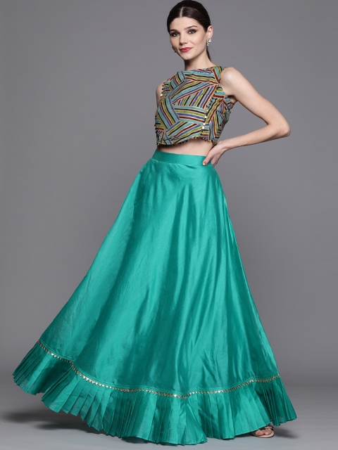 

Inddus Women Teal Green & Beige Striped Top with Skirt