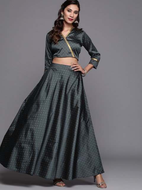

Inddus Women Charcoal Grey & Golden Woven Design Top with Skirt