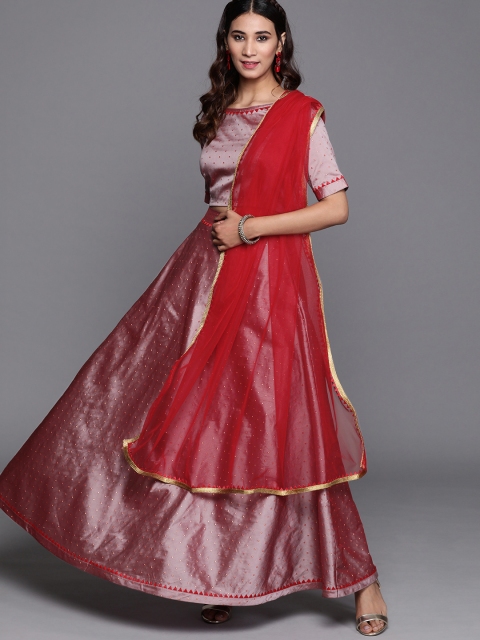 

Inddus Women Mauve & Red Dual-Toned Woven Design Top with Skirt & Dupatta