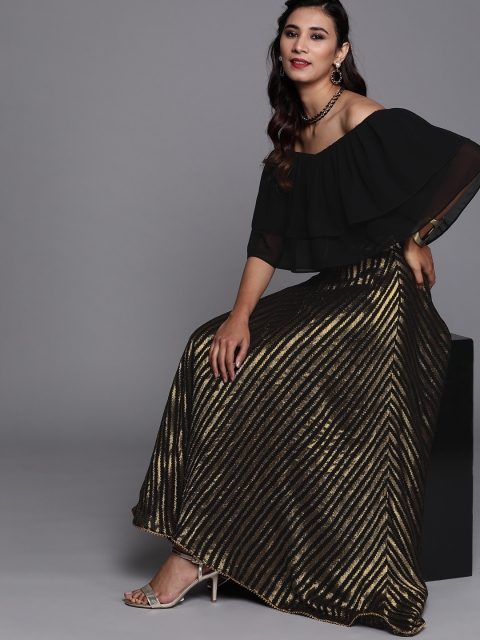 

Inddus Women Black & Golden Striped Top with Skirt