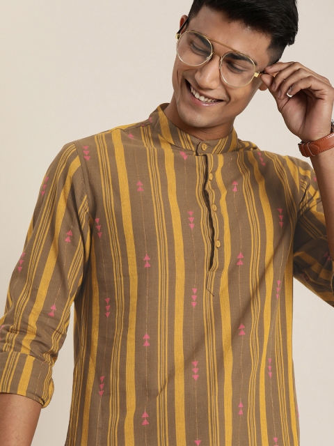 

Taavi Men Mustard Yellow & Brown Handloom Woven Legacy Striped Straight Kurta