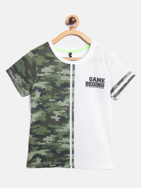 

GAME BEGINS Boys White & Olive Green Camlouflage Print Round Neck Cotton T-shirt