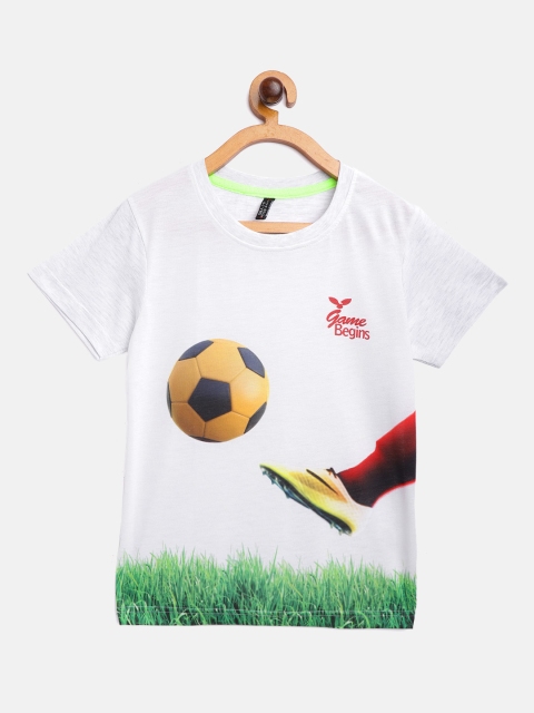 

GAME BEGINS Boys Off-White & Green Football Kick Print Round Neck Cotton T-shirt