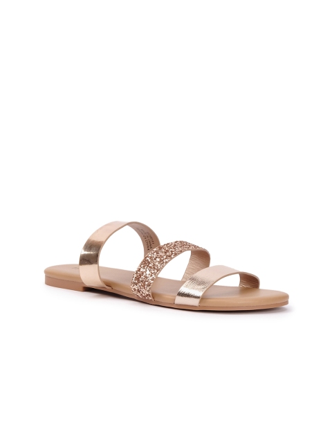 

FOREVER 21 Women Gold-Toned Embellished PU Open Toe Flats