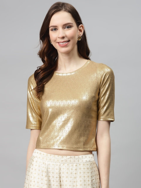 

Global Desi Women Golden Ethnic Print Sheen Crop Top, Gold