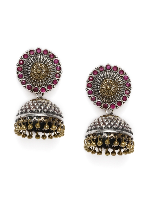 

Peora Oxidised Silver-Plated & Pink Dome Shaped Jhumkas
