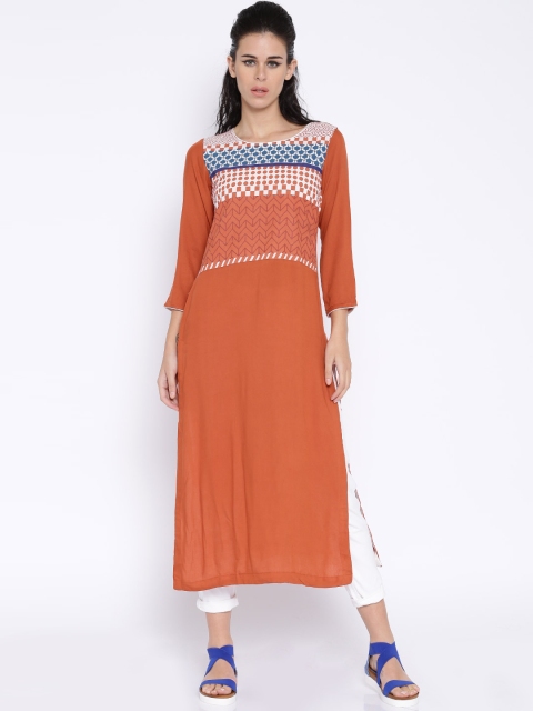 

Vishudh Women Rust Orange Printed Straight Kurta