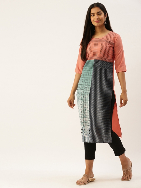 

7Threads Women Coral Pink & Green Geometric Print Kurta