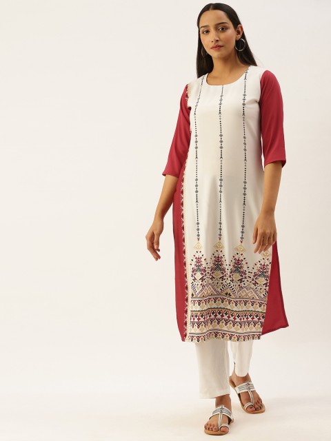 

7Threads Women Off White & Red Ethnic Motifs Printed Kurta