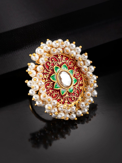 

Peora Maroon Gold-Plated Enamelled Studded Handcrafted Adjustable Finger Ring