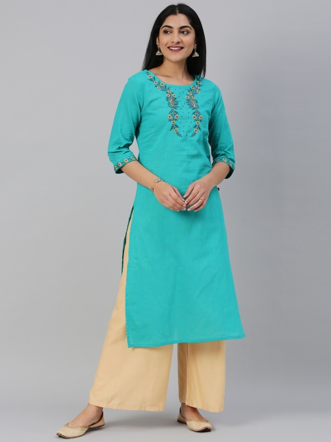 

Alena Women Turquoise Blue Yoke Design Embroidered Straight Kurta