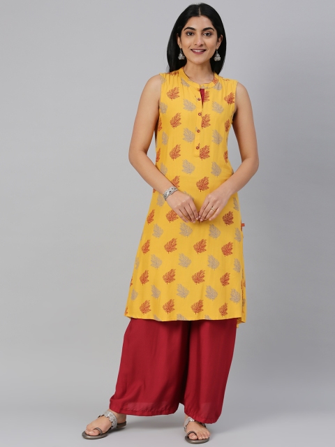 

Alena Women Mustard Yellow & Maroon Floral Printed Straight Kurta