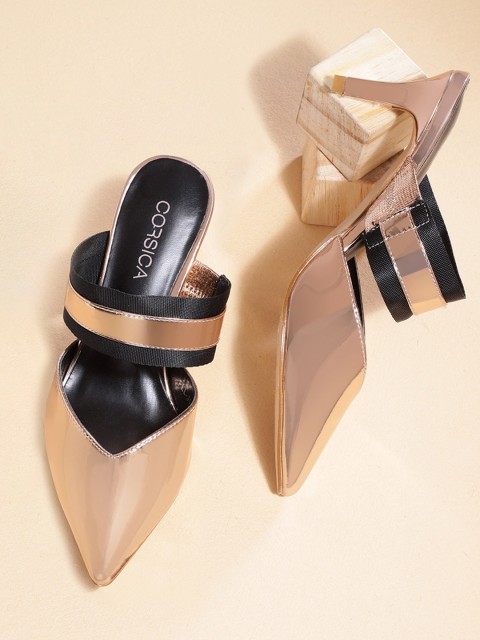 

CORSICA Women Rose Gold-Toned & Black Solid Heeled Mules