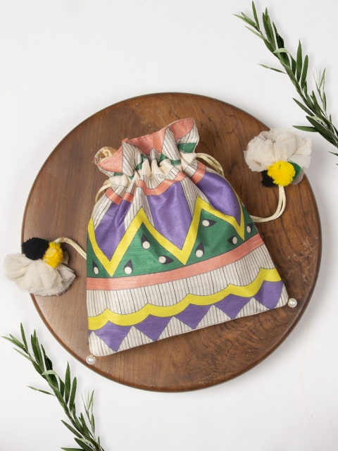 

AccessHer Off-White & Purple Printed Tasselled Boho Potli Clutch