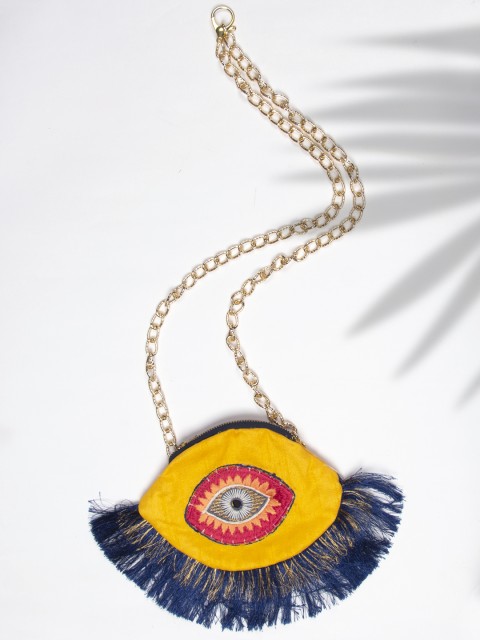 

AccessHer Yellow & Blue Embroidered Fringed Potli Clutch
