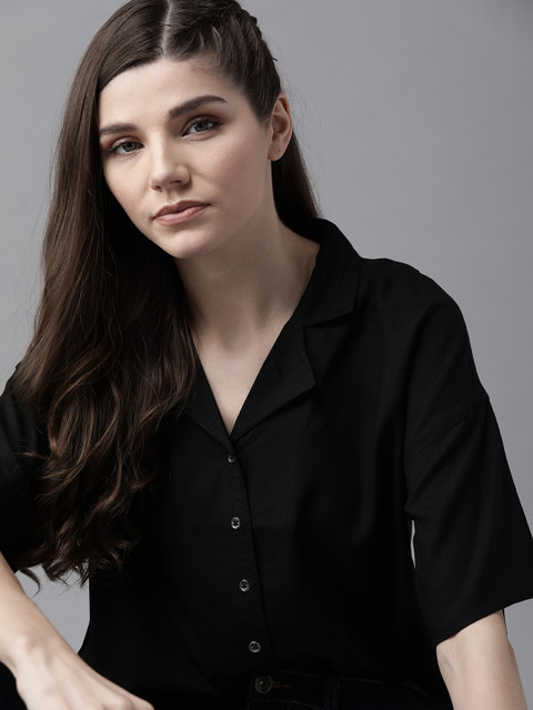 

The Roadster Lifestyle Co Women Black EcoVero Solid Boxy Fit Sustainable Shirt