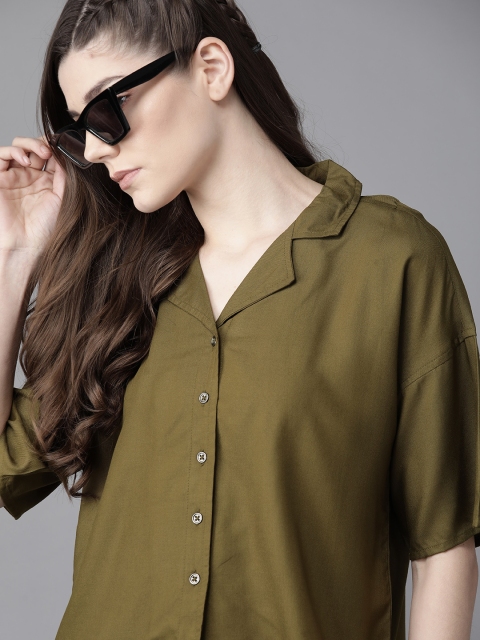 

The Roadster Lifestyle Co Women Olive Green EcoVero Solid Boxy Fit Casual Shirt
