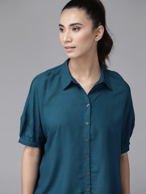 

The Roadster Lifestyle Co Greenturn Women Teal Blue Boxy Solid Casual Sustainable Shirt