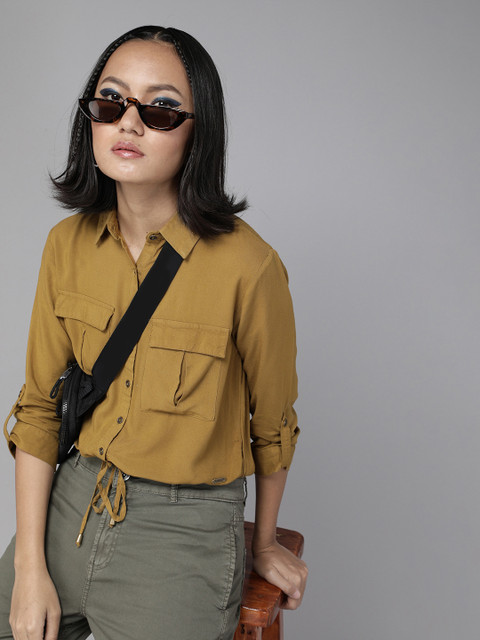 

The Roadster Lifestyle Co Women EcoVero Mustard Yellow Regular Fit Cropped Solid Casual Shirt