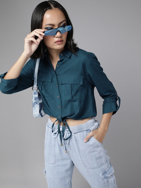 

Roadster Women EcoVero Teal Blue Regular Fit Solid Cropped Casual Shirt