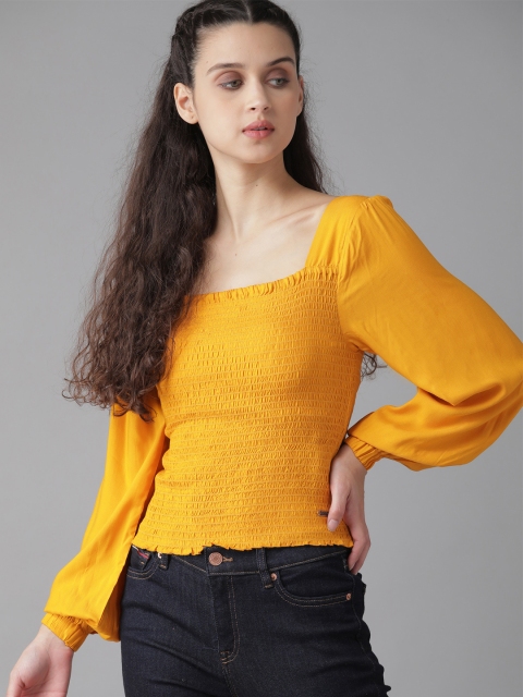 

The Roadster Lifestyle Co Women Ecovero Mustard Yellow Smocked Squared Neck Puff Sleeves Fitted Top