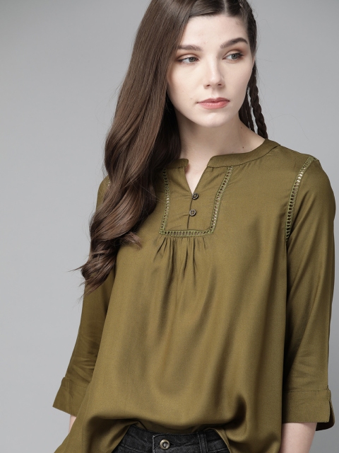 

Roadster Olive Green EcoVero Mandarin Collar Regular Top