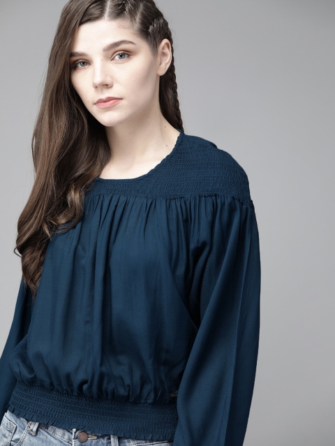 

The Roadster Lifestyle Co Teal Blue EcoVero Puff Sleeves Smocked Solid Blouson Top