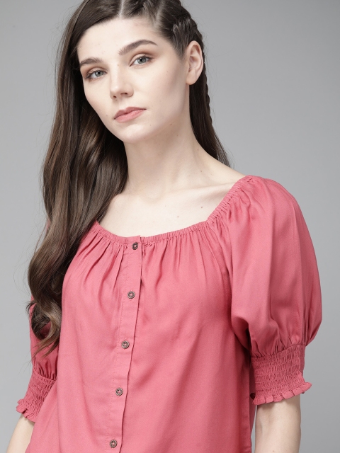 

The Roadster Lifestyle Co Pink EcoVero Solid Puff Sleeves Regular Top