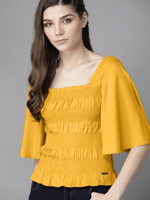 

Roadster Women Mustard Yellow EcoVero Solid Fitted Smocked Top