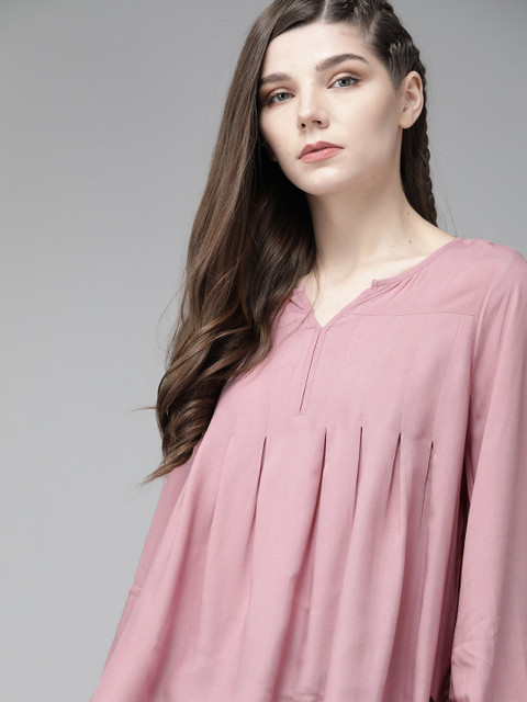 

The Roadster Lifestyle Co Women Dusty Pink Ecovero Puff Sleeves Pleated Solid A-Line Top