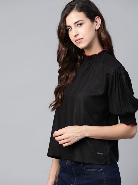 

The Roadster Lifestyle Co Black Solid Relaxed Fit Puff Sleeve Smocked Neck Top