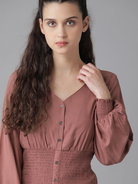 

Roadster Mauve Puff Sleeves Smocked V-Neck Blouson Top