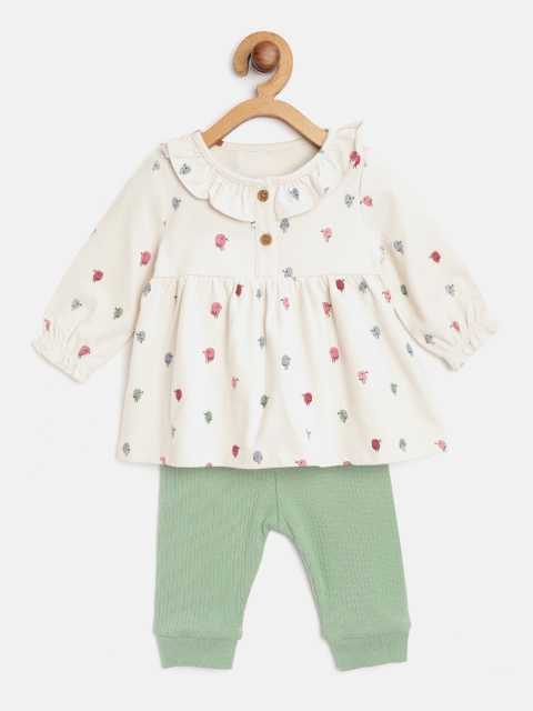 

Marks & Spencer Infant Girls Off-White & Mint Green Printed Top with Solid Joggers