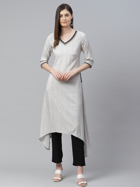 

AURELIA Women Grey Striped Thread Work Asymmetric A-Line Kurta