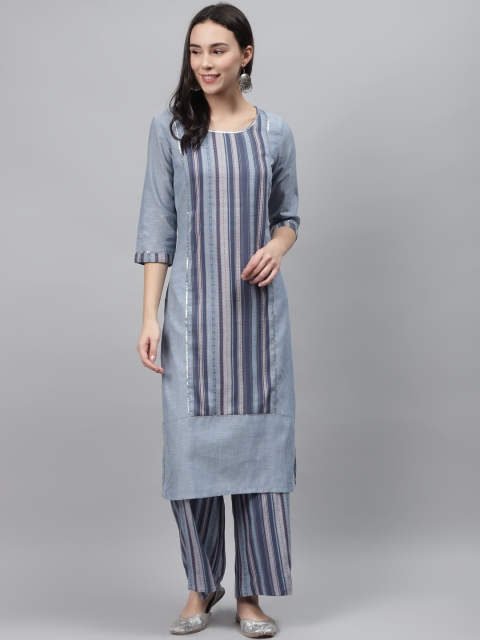 

AURELIA Women Grey & Blue Pure Cotton Self-Striped Kurta with Palazzos